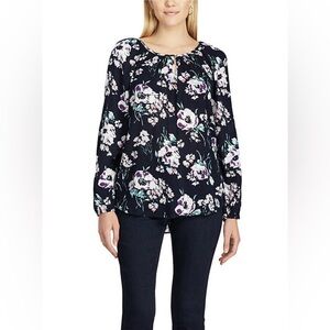 Chaps Navy Floral Cotton Peasant Blouse